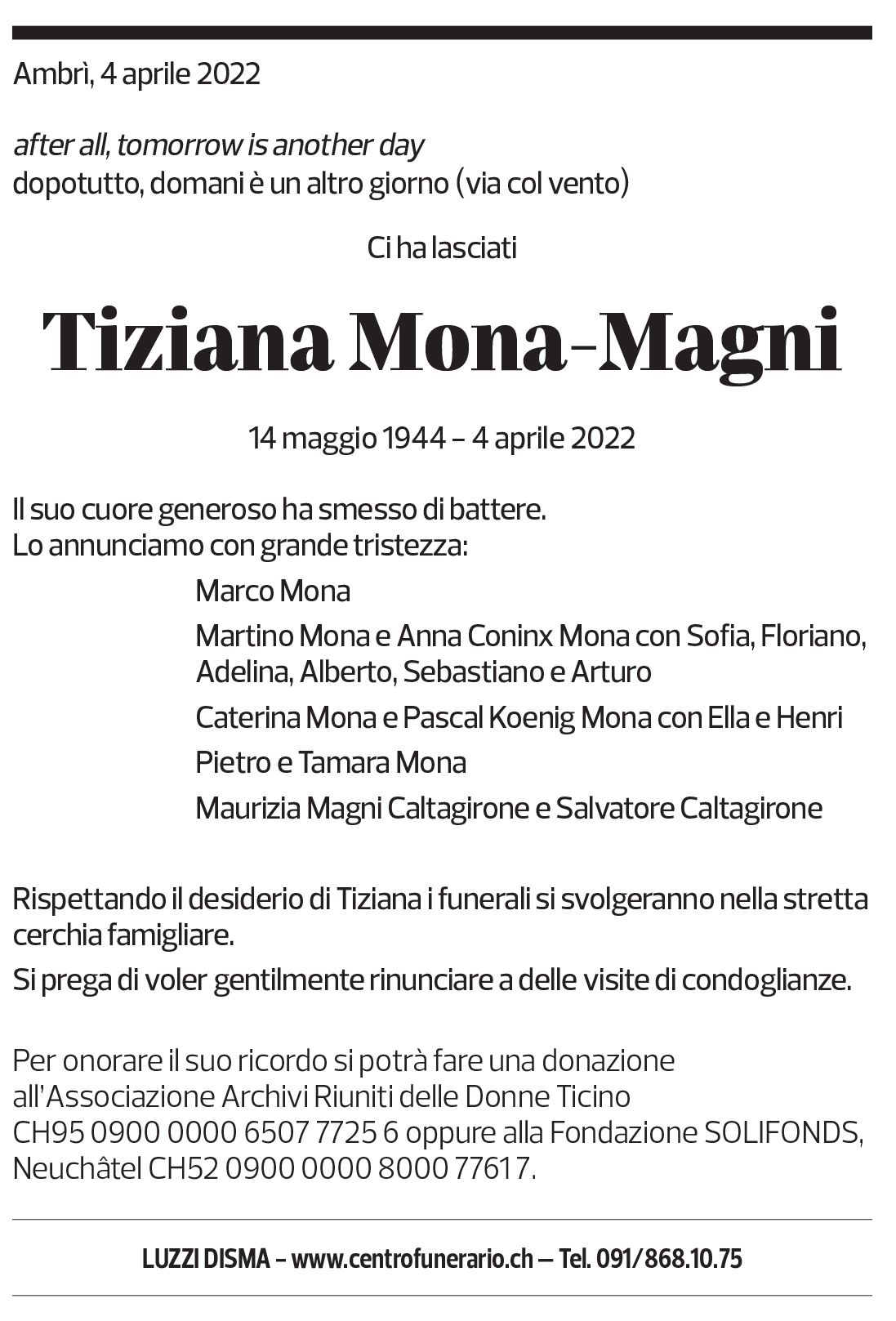 Annuncio funebre Tiziana Mona-magni