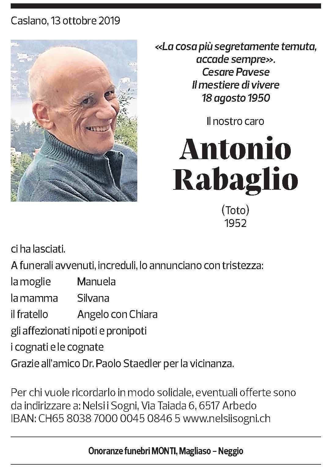Annuncio funebre Antonio Rabaglio