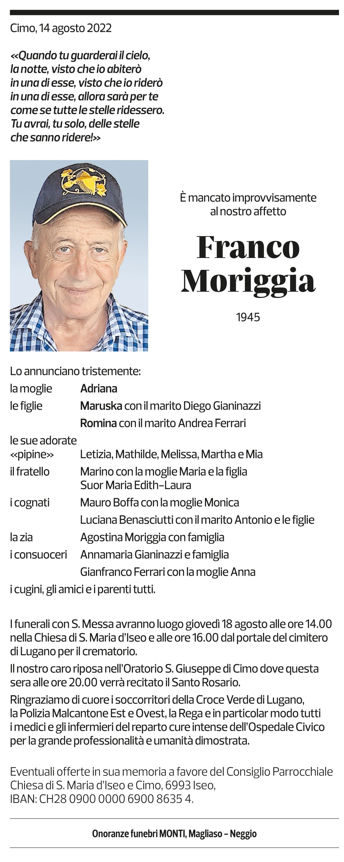 Annuncio funebre Franco Moriggia