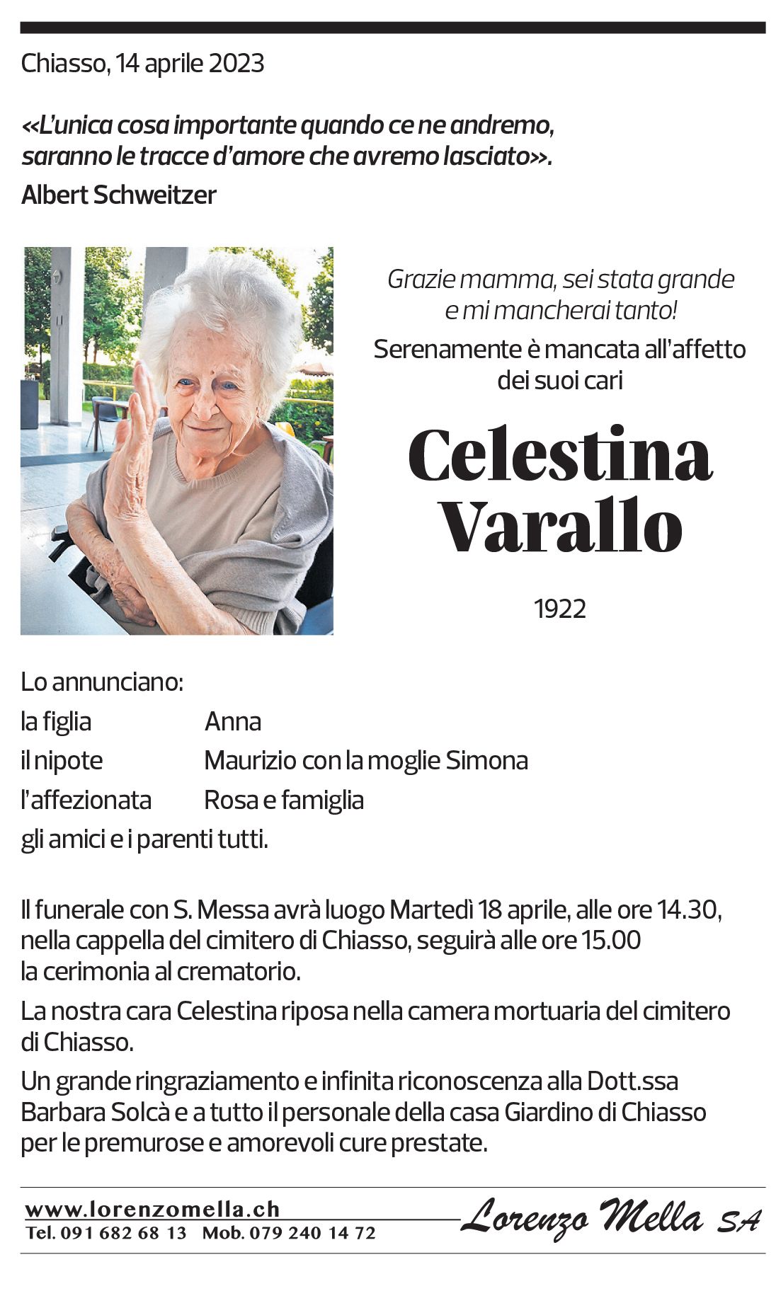 Annuncio funebre Celestina Varallo