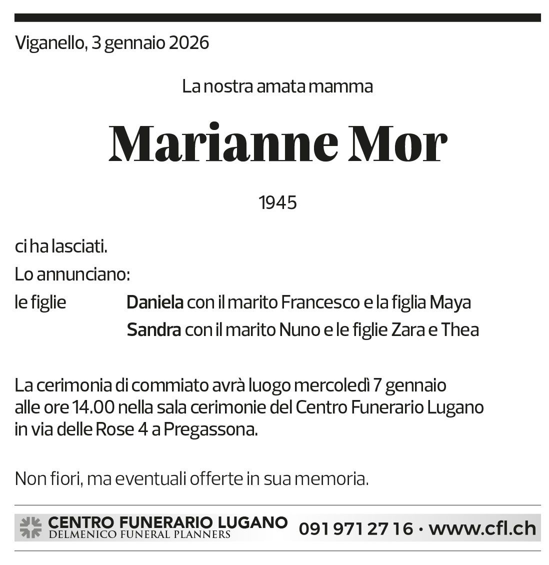 Annuncio funebre Marianne Mor