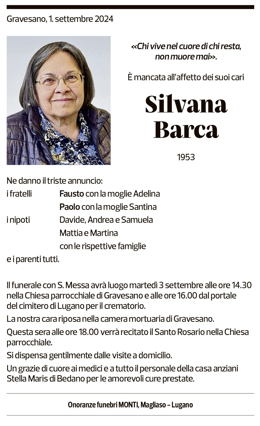 Annuncio funebre Silvana Barca