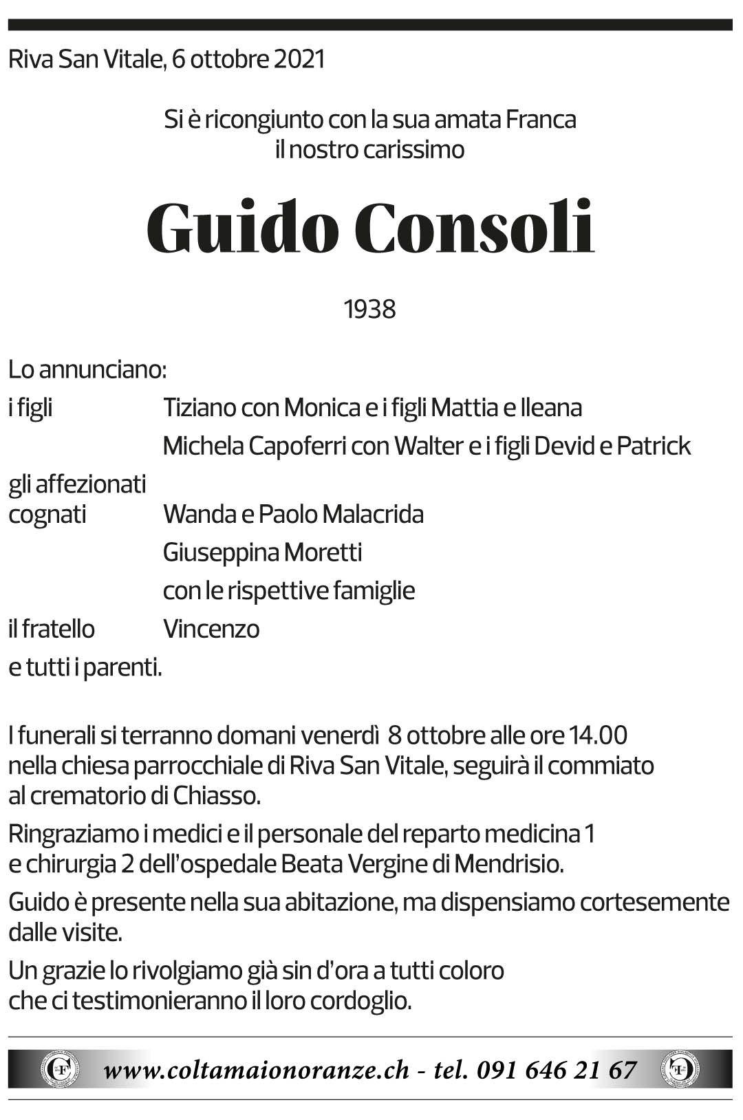 Annuncio funebre Guido Consoli