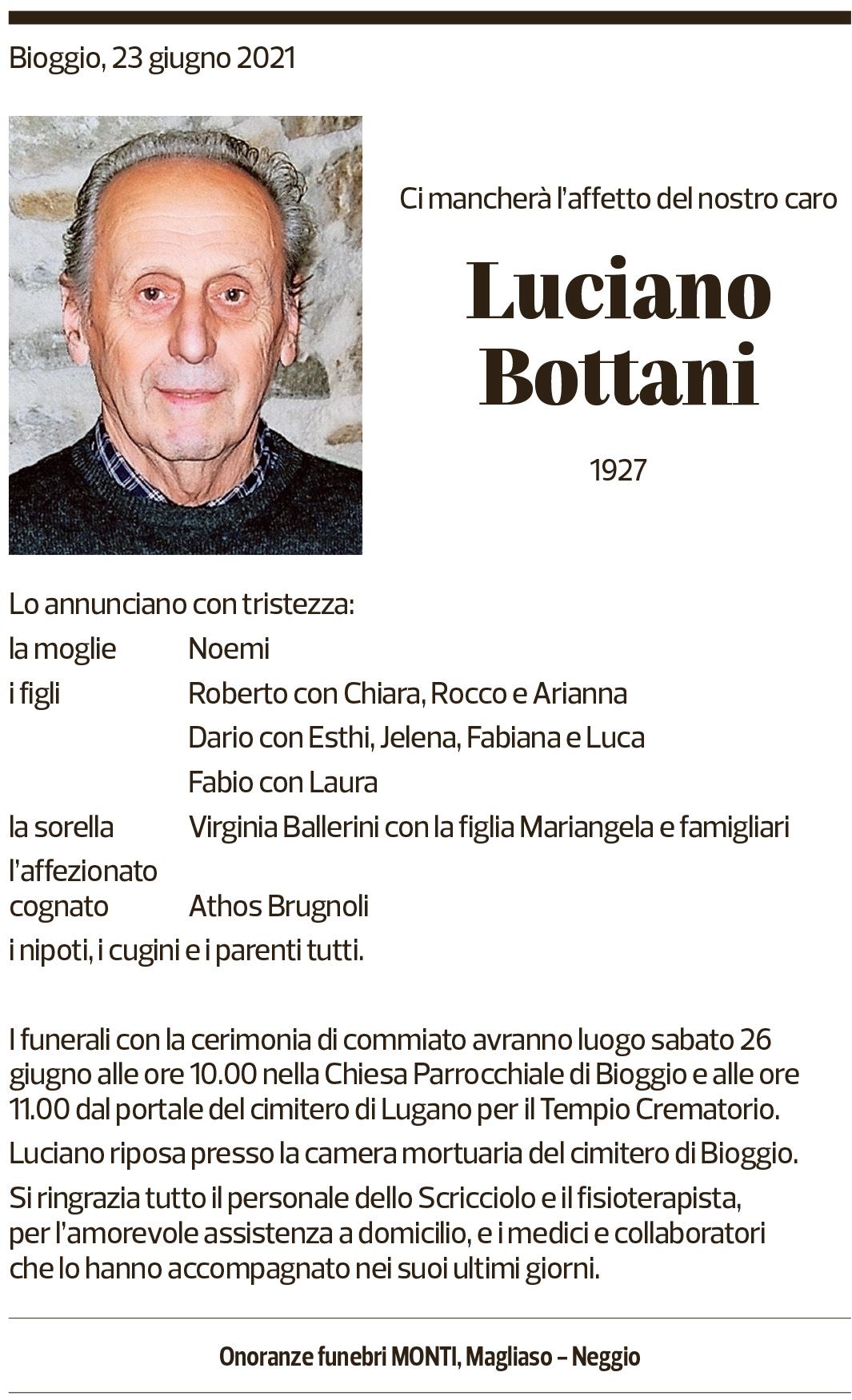 Annuncio funebre Luciano Bottani