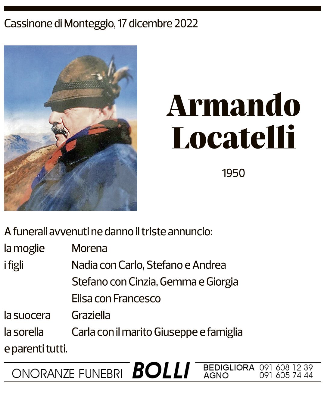 Annuncio funebre Armando Locatelli