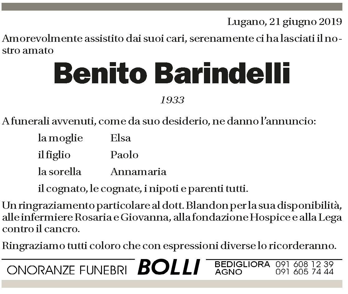 Annuncio funebre Benito Barindelli