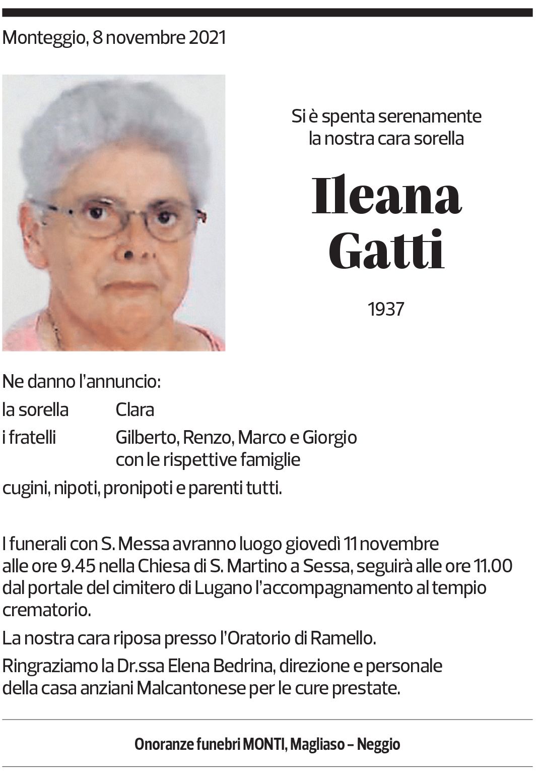 Annuncio funebre Ileana Gatti