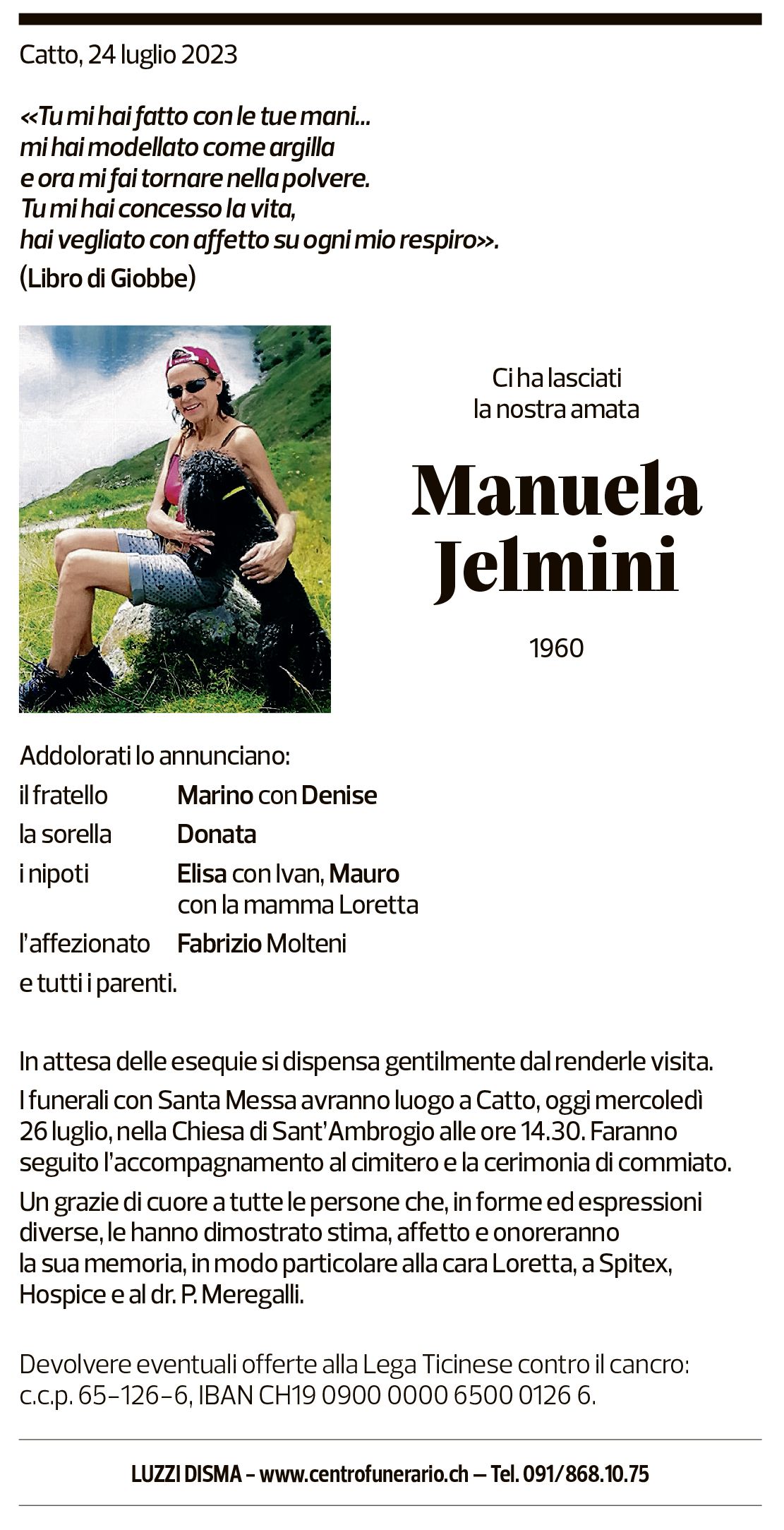 Annuncio funebre Manuela Jelmini