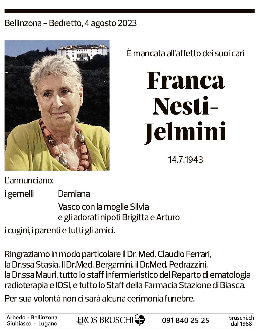 Annuncio funebre Franca Nesti-jelmini