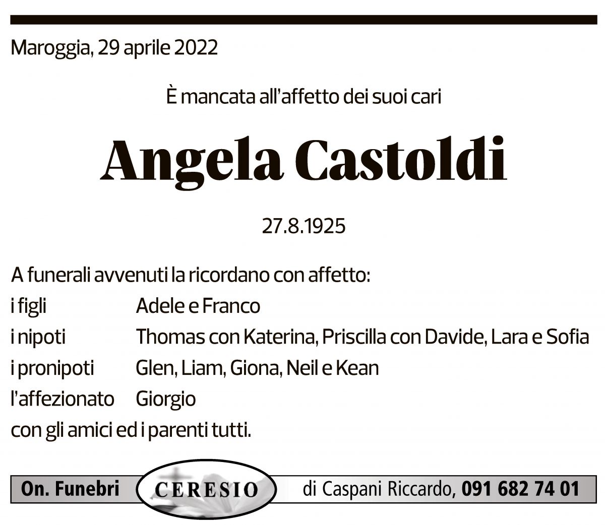 Annuncio funebre Angela Castoldi