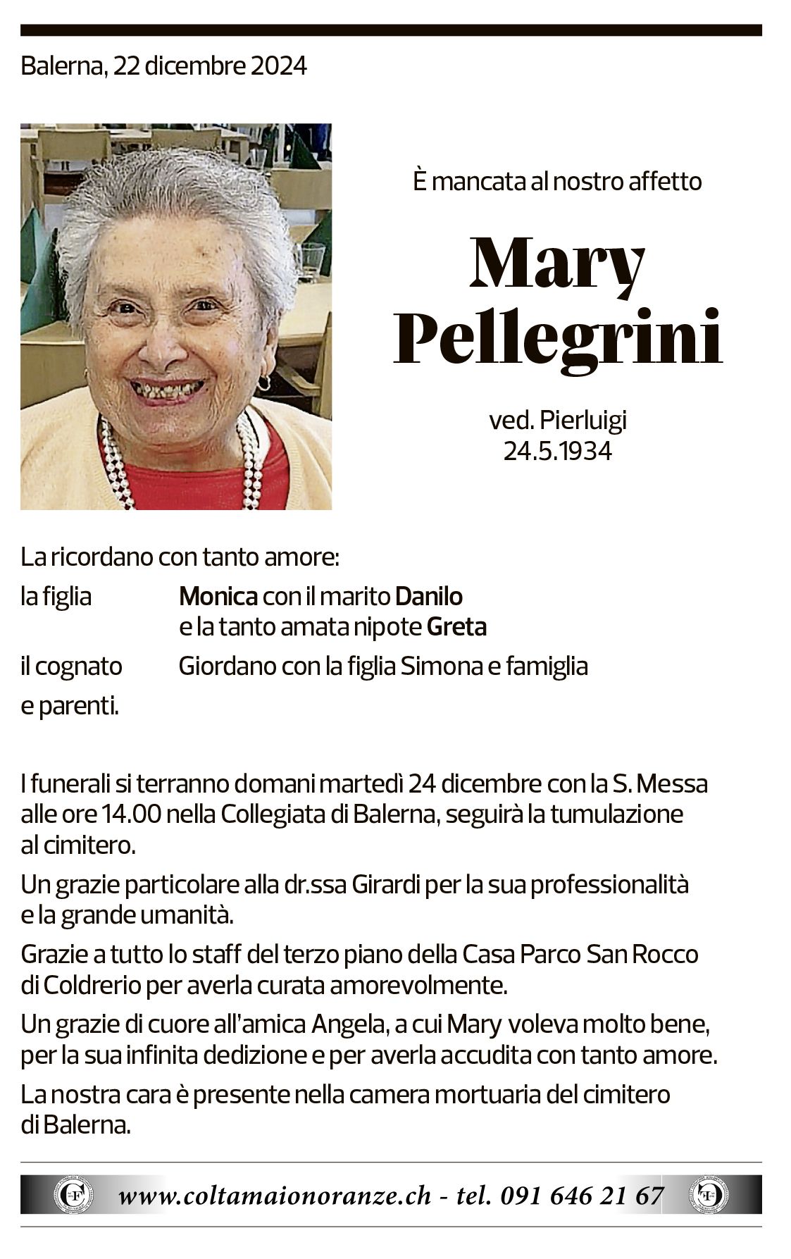 Annuncio funebre Mary Pellegrini