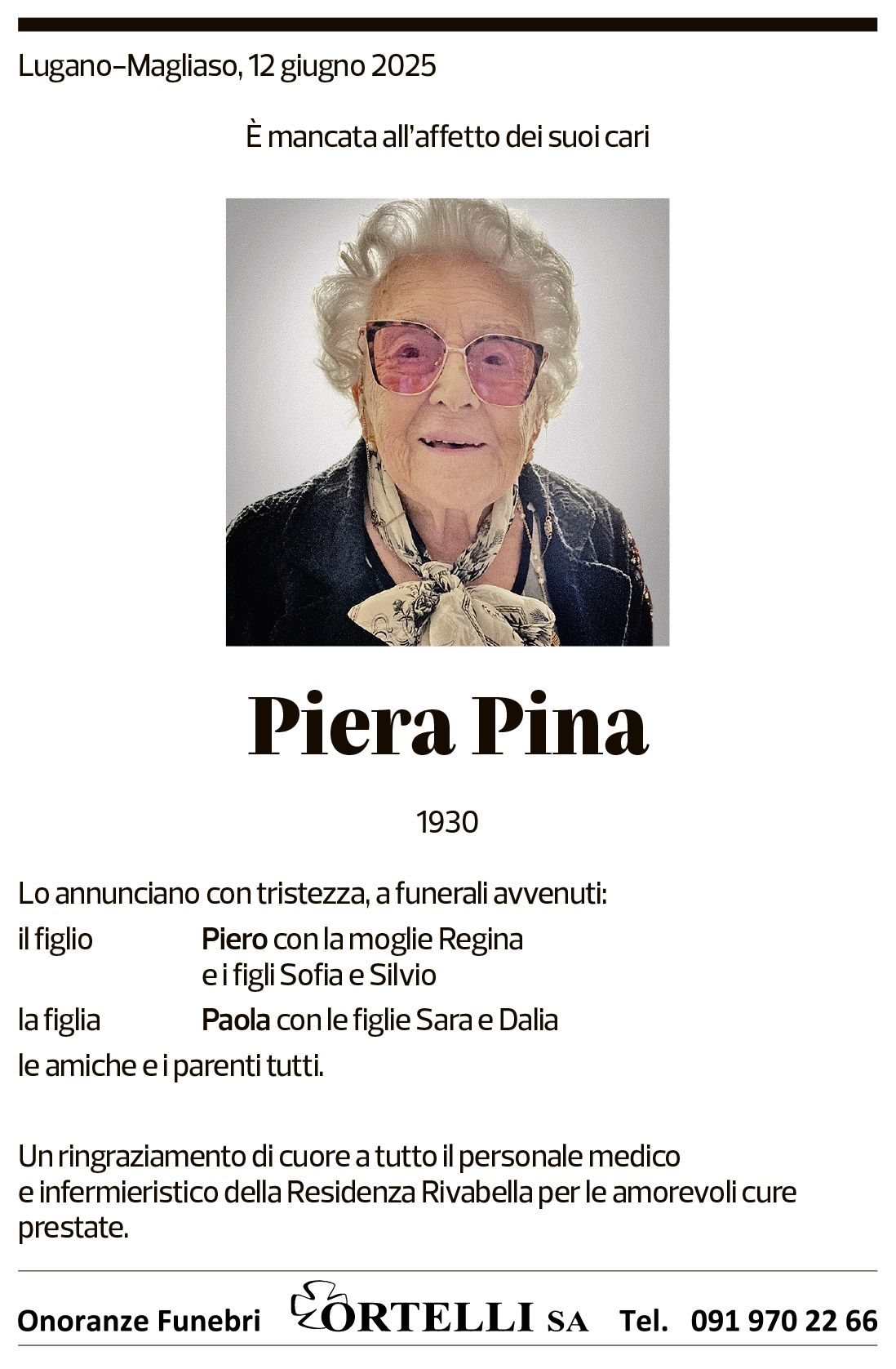 Annuncio funebre Piera Pina