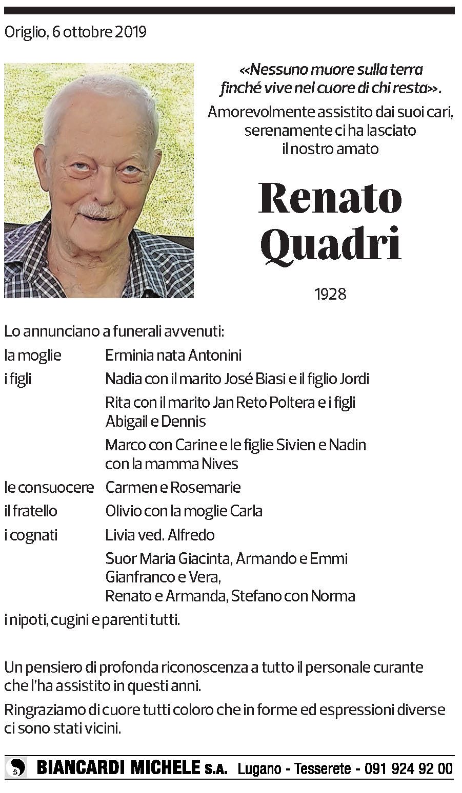 Annuncio funebre Renato Quadri
