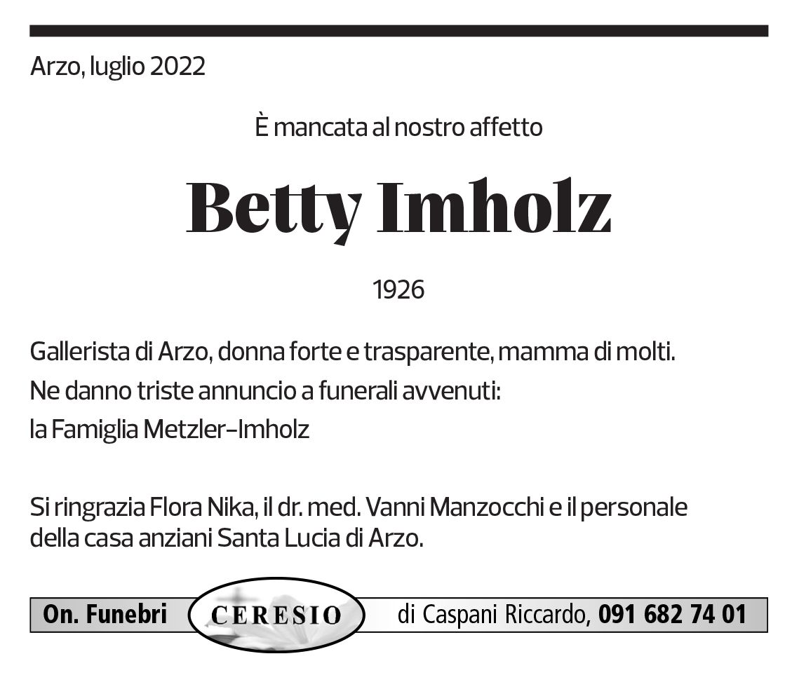 Annuncio funebre Betty Imholz