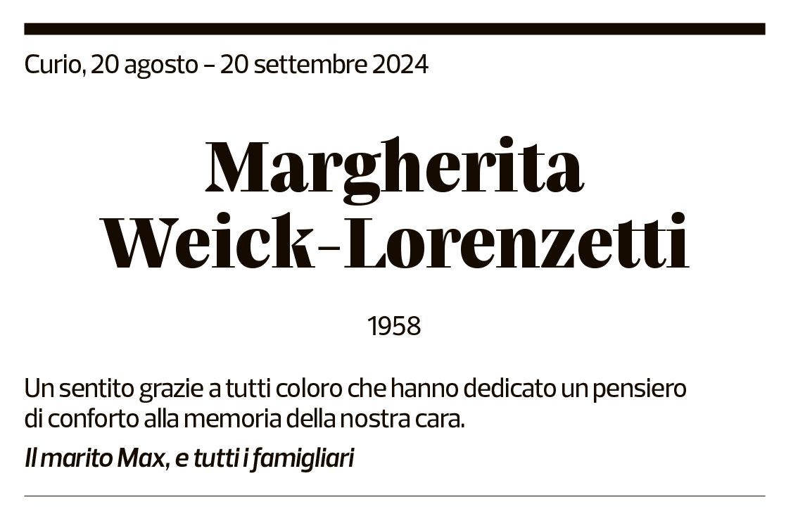 Annuncio funebre Margherita Weick-lorenzetti