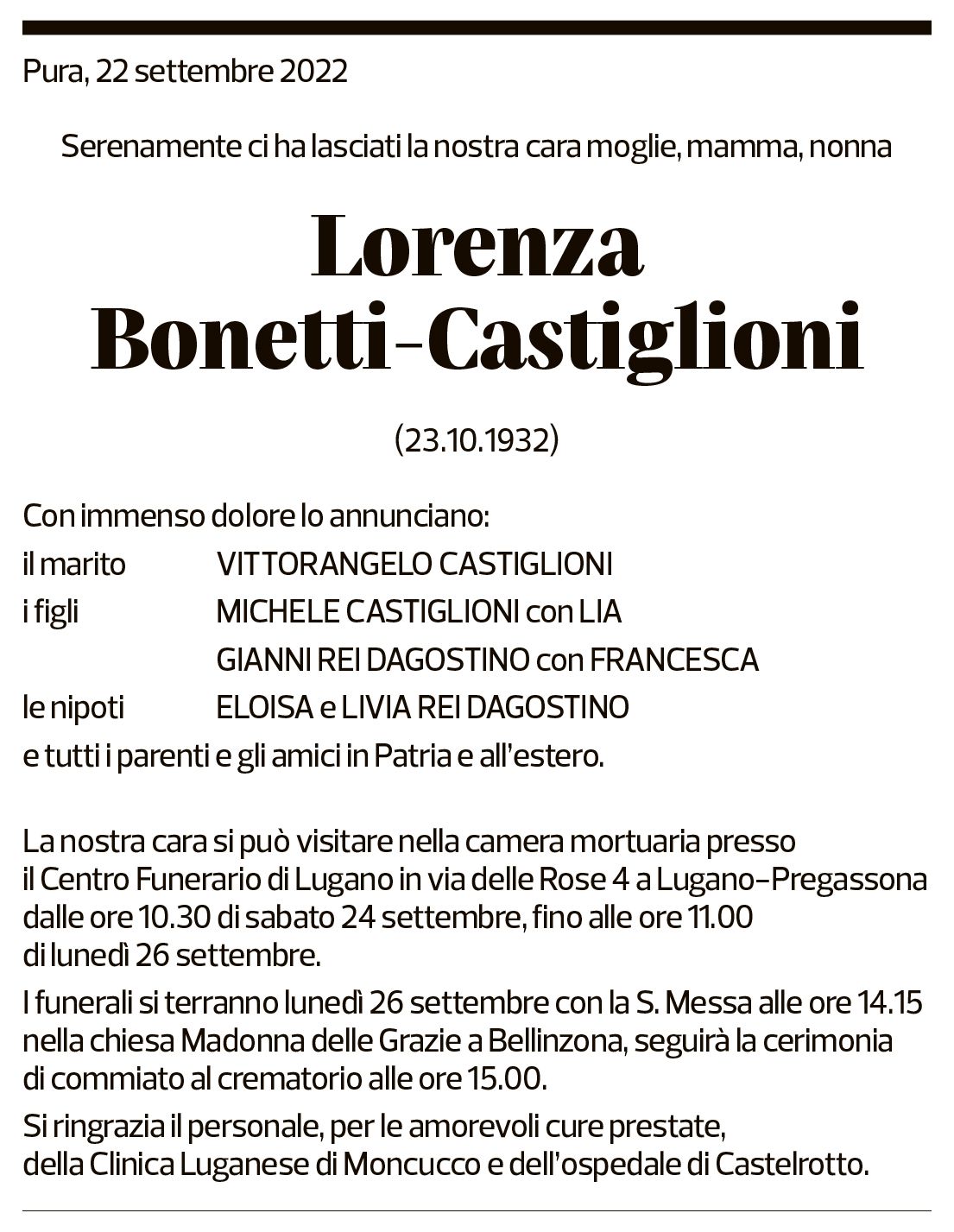 Annuncio funebre Lorenza Bonetti-castiglioni