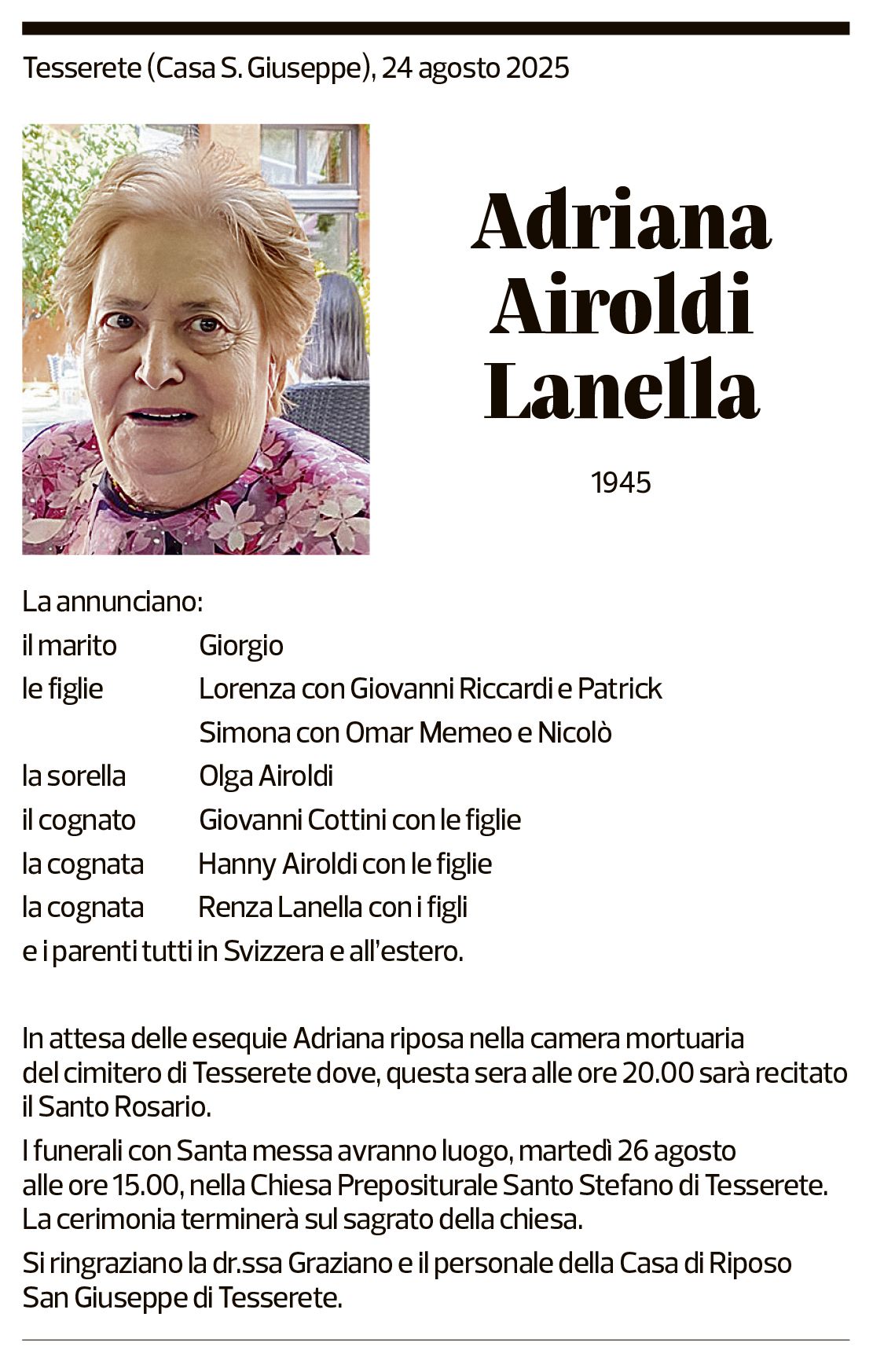 Annuncio funebre Adriana Airoldi Lanella