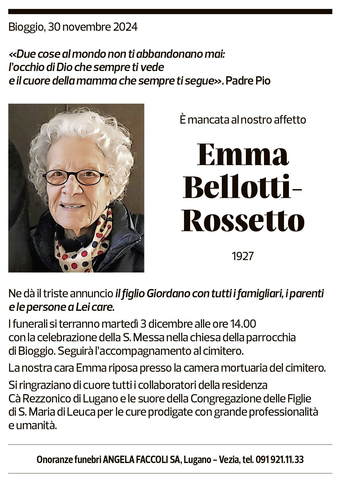 Annuncio funebre Emma Bellotti-rossetto