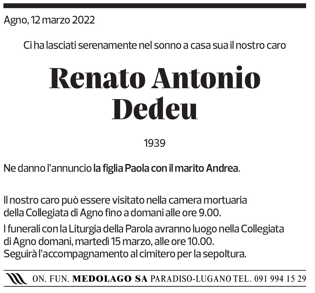 Annuncio funebre Renato Antonio Dedeu