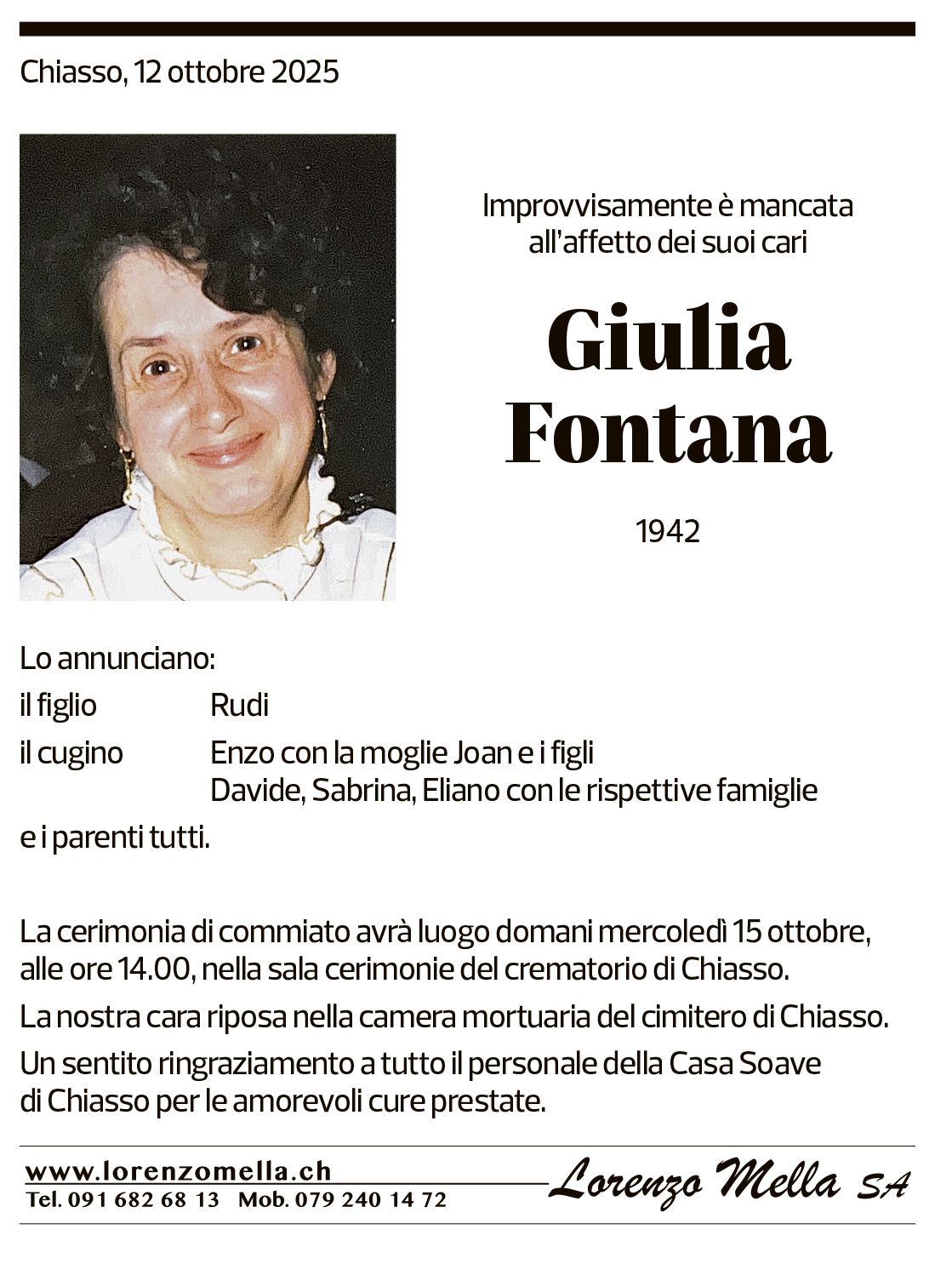 Annuncio funebre Giulia Fontana