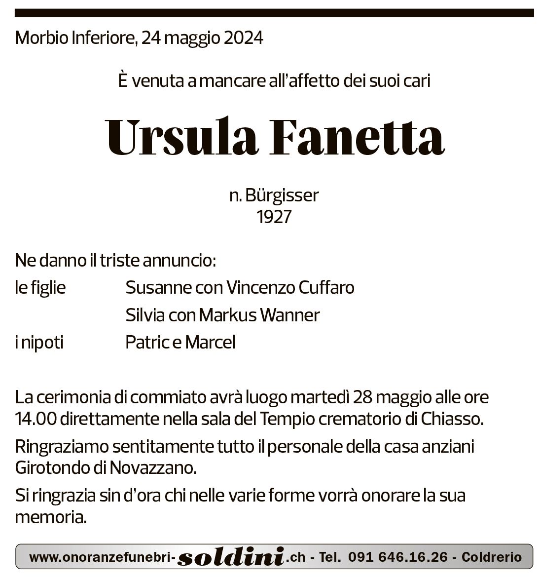 Annuncio funebre Ursula Fanetta