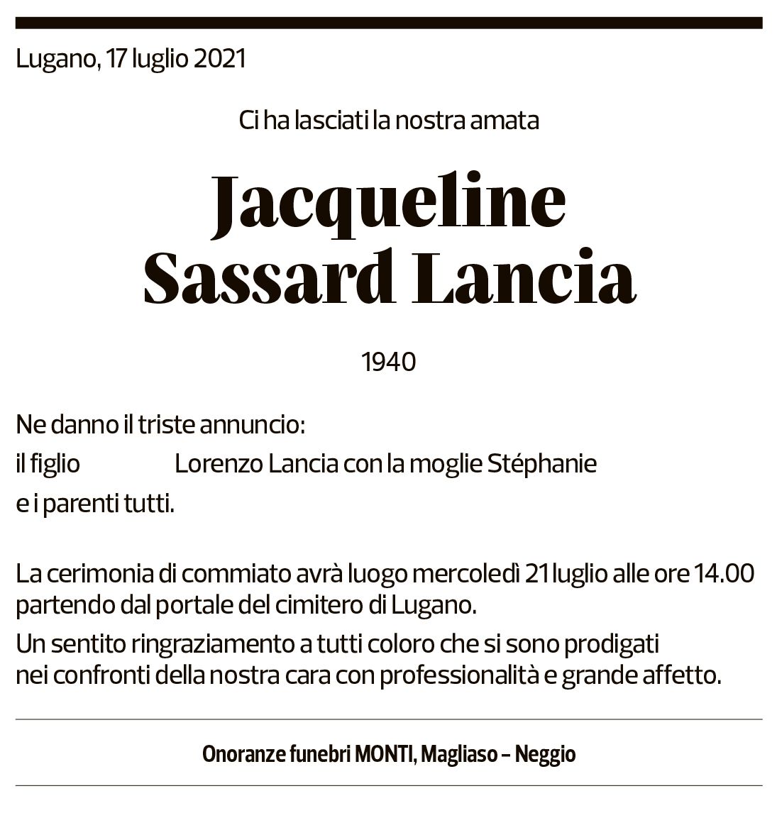 Annuncio funebre Jacqueline Sassard Lancia