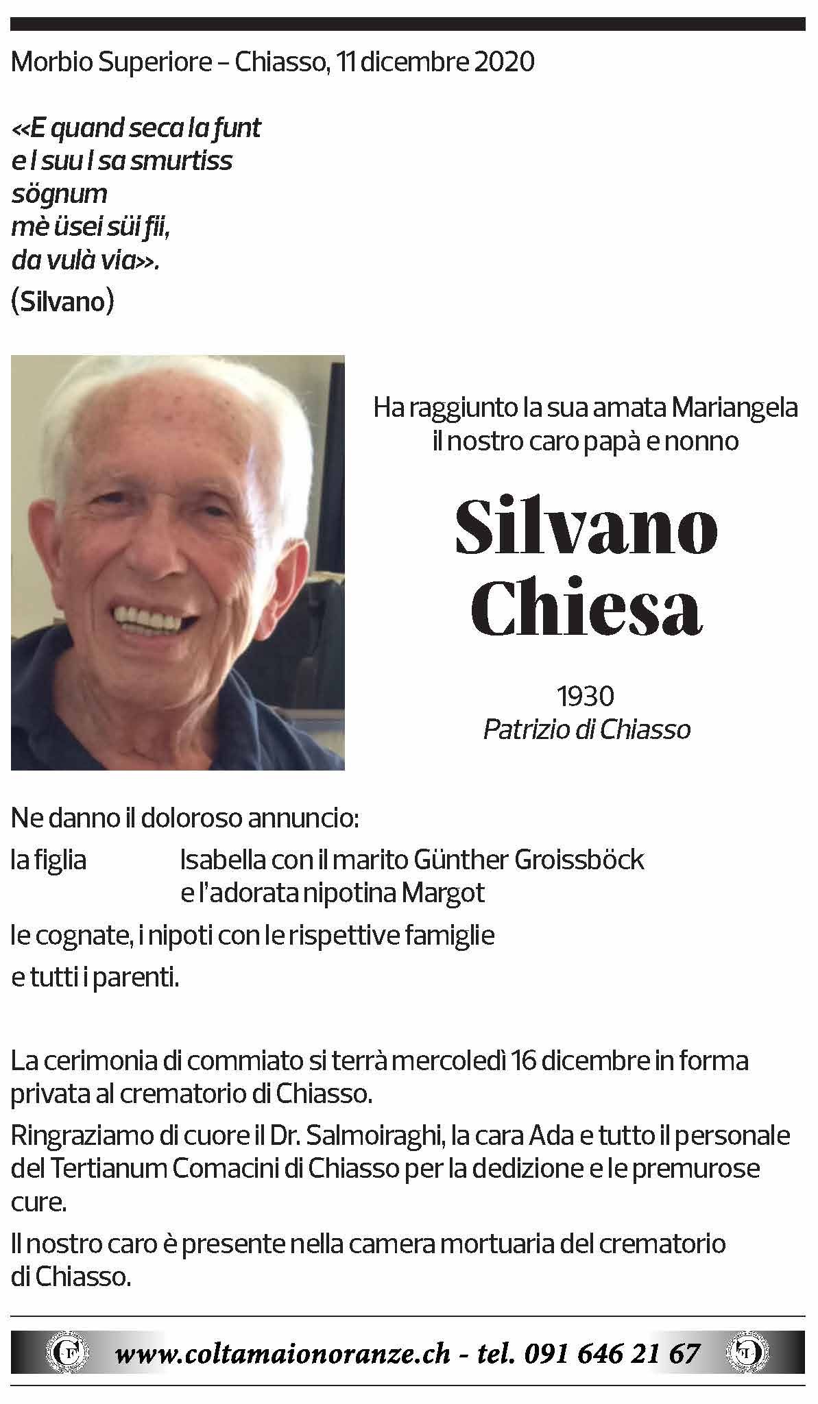 Annuncio funebre Silvano Chiesa