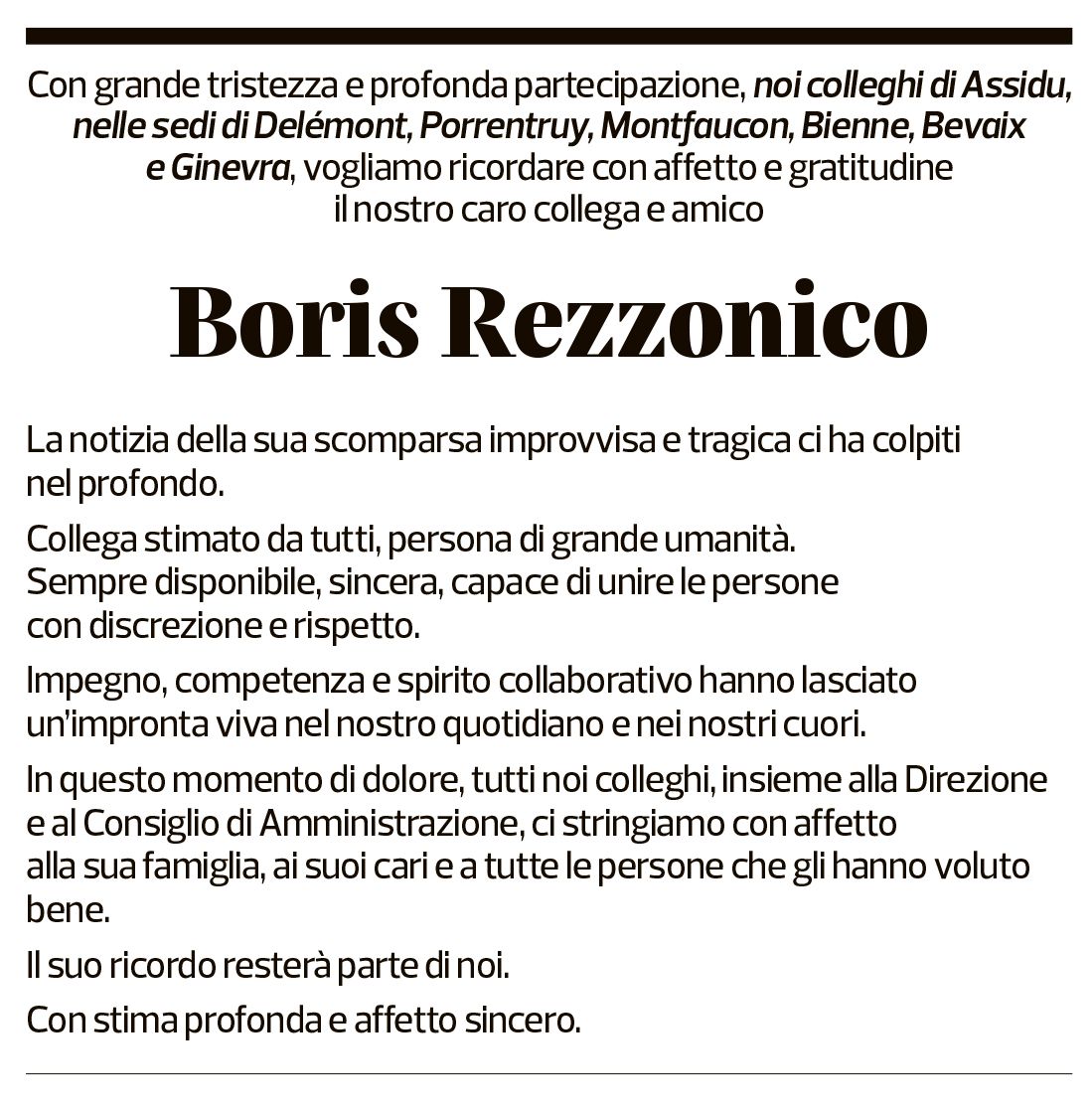 Annuncio funebre Boris Silvio Rezzonico