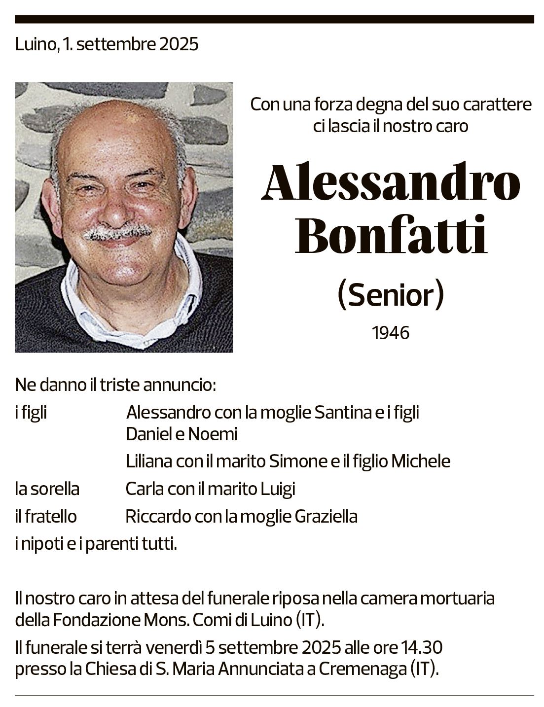 Annuncio funebre Alessandro Bonfatti