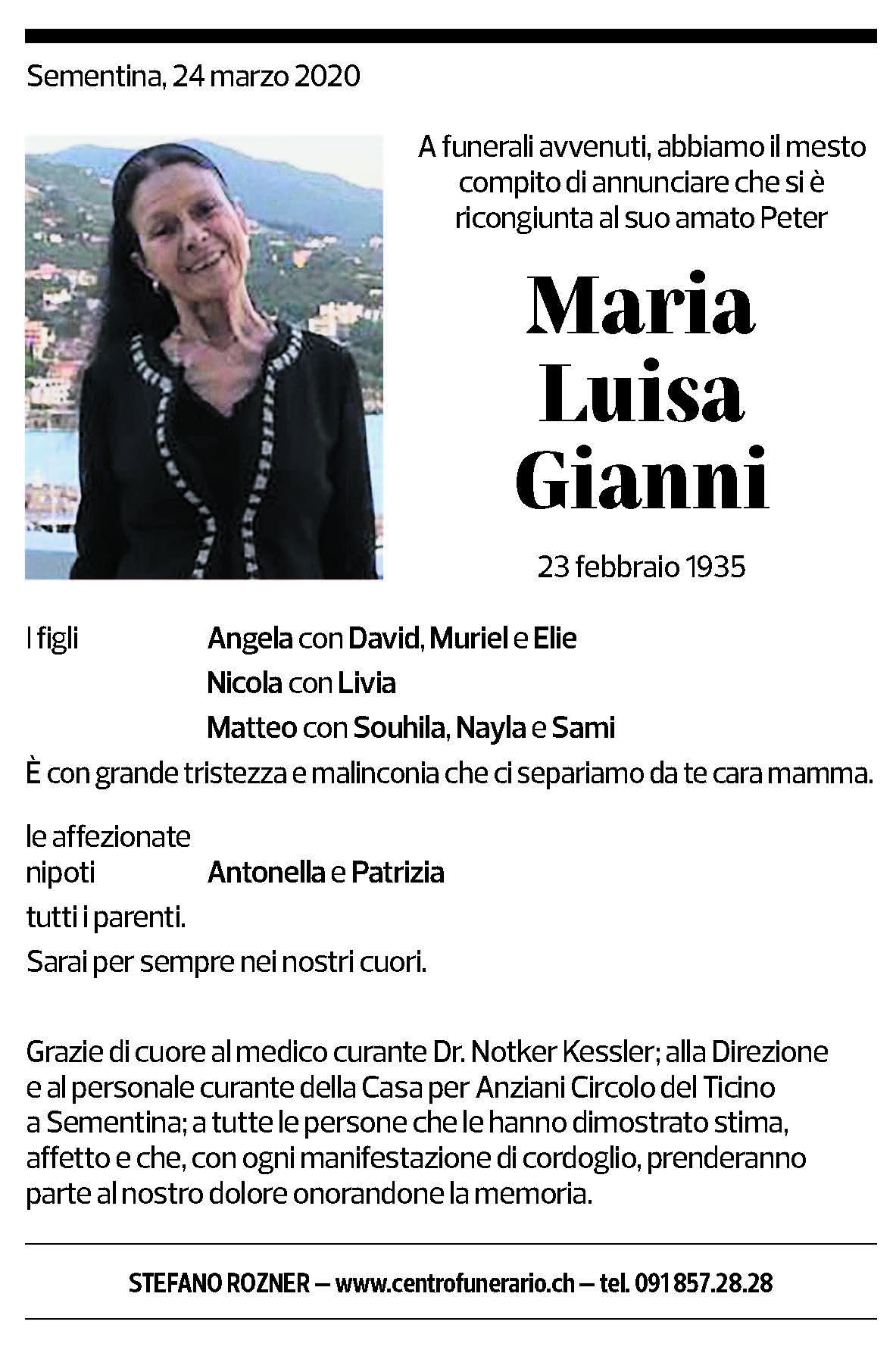 Annuncio funebre Maria Luisa Gianni