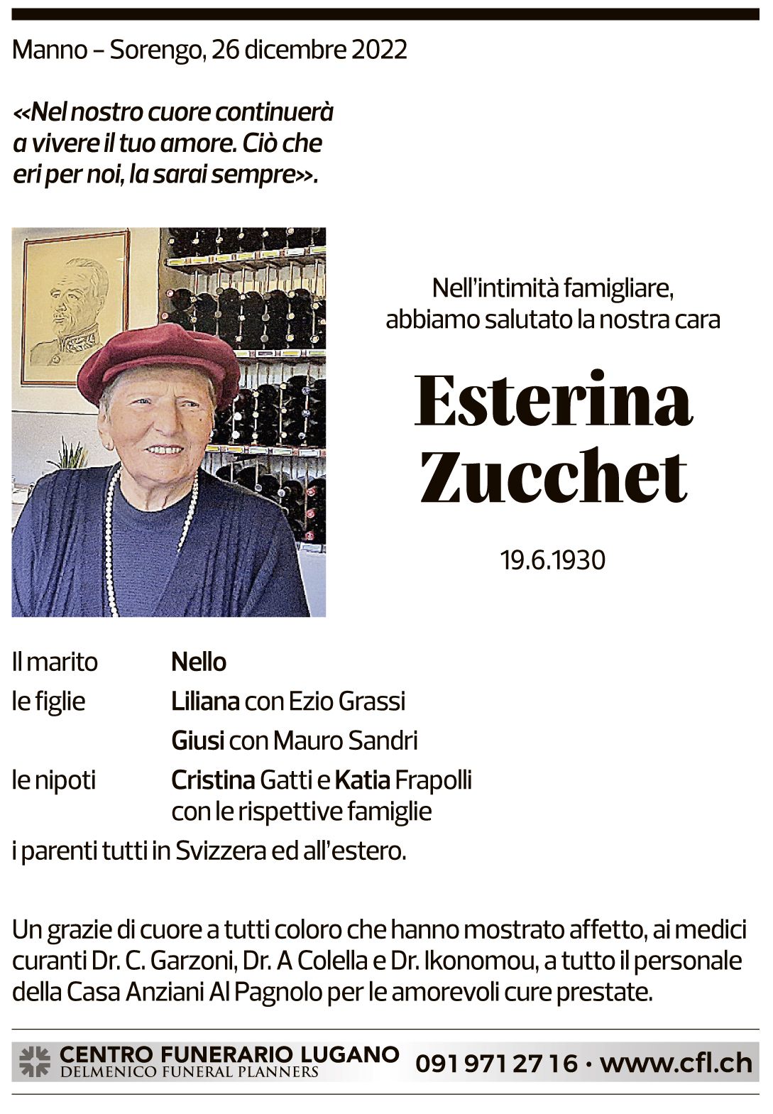 Annuncio funebre Esterina Zucchet