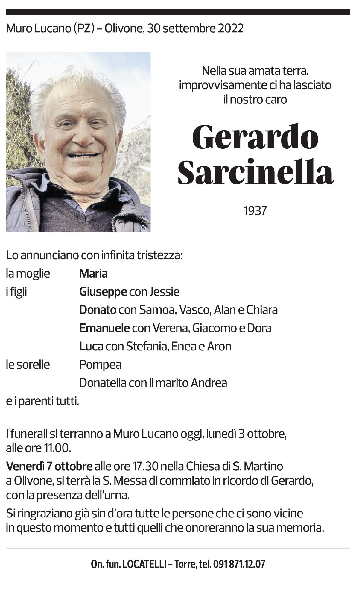 Annuncio funebre Gerardo Sarcinella