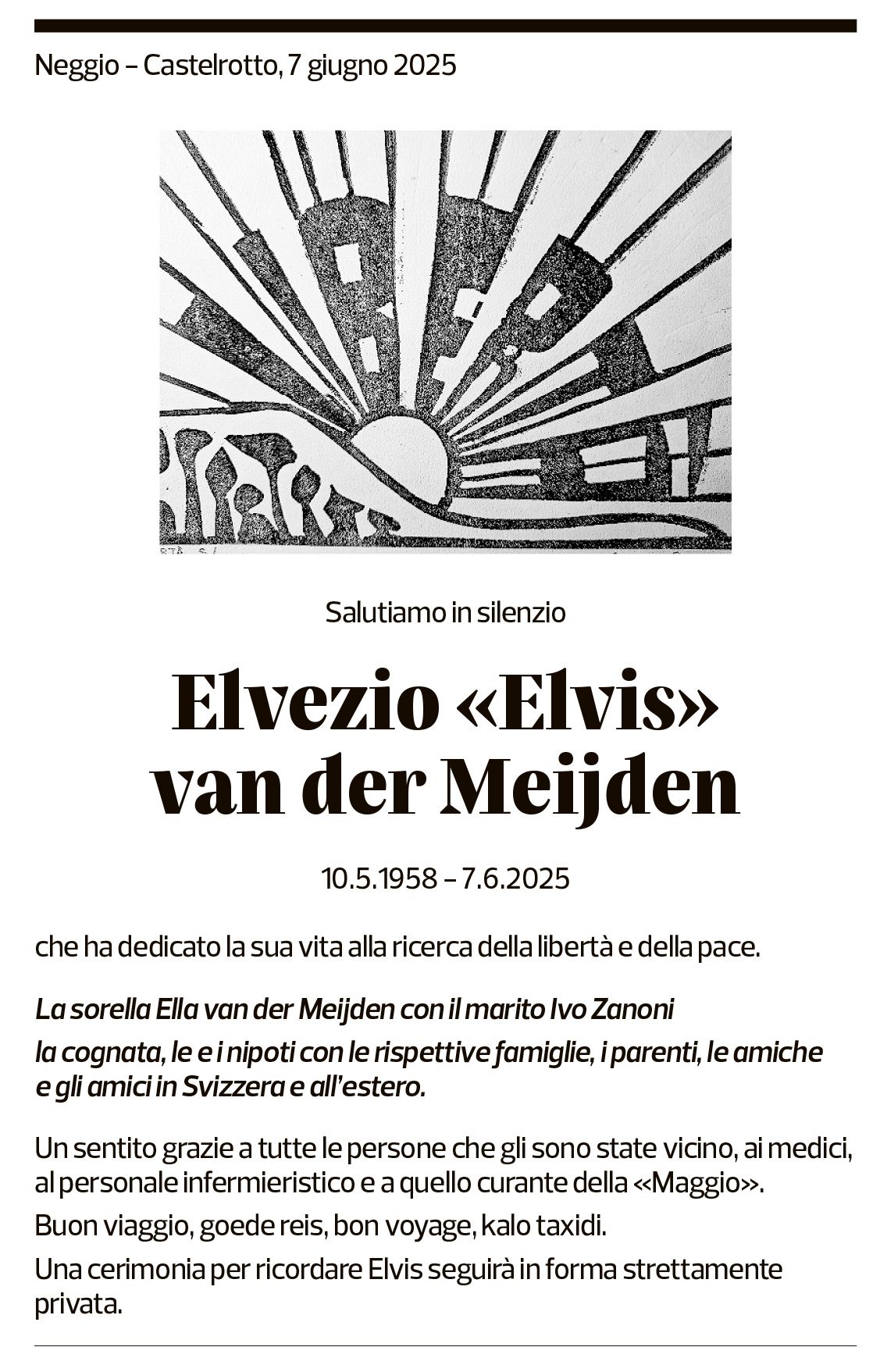 Annuncio funebre Elvezio Van Der Meijden