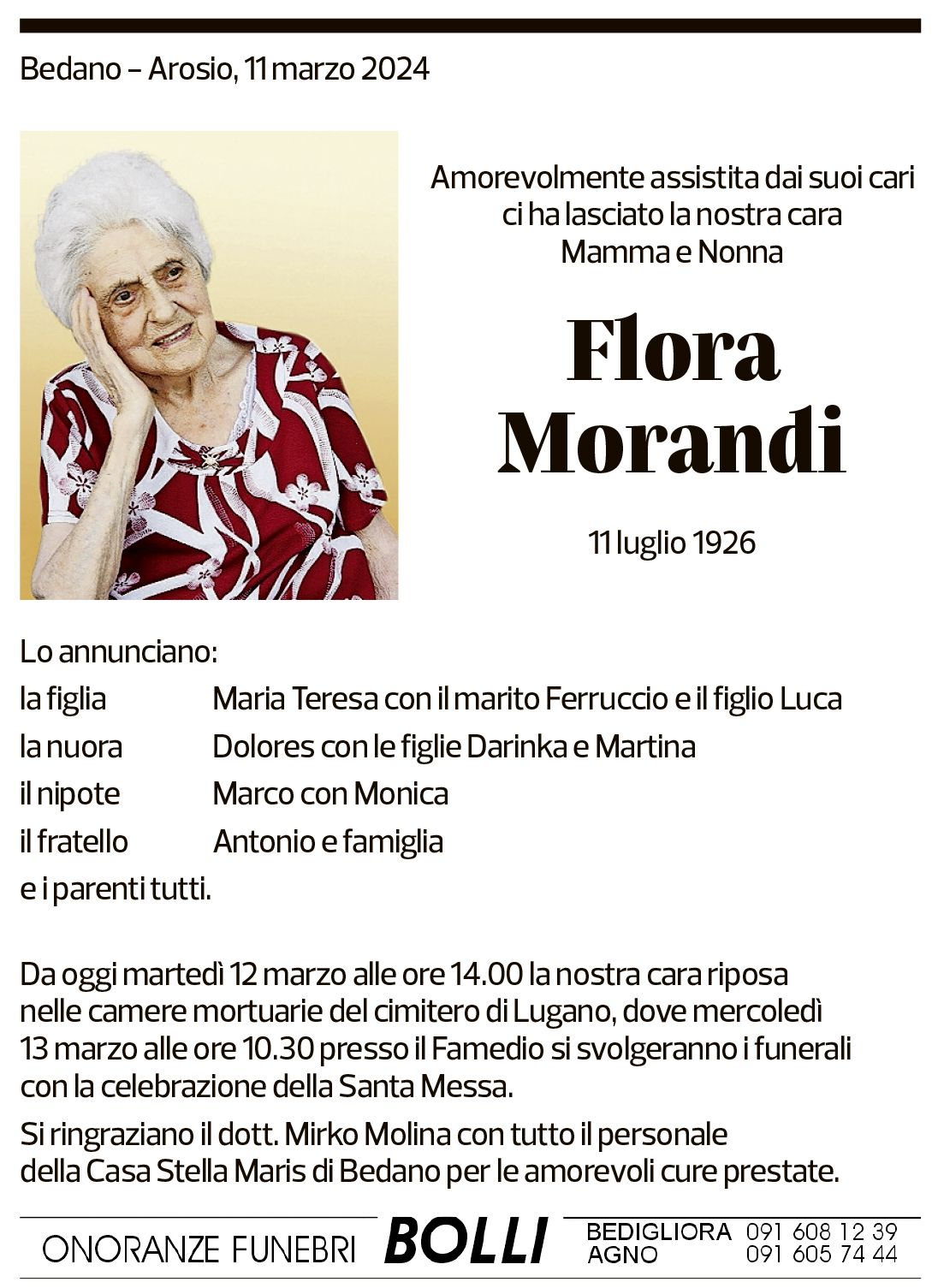 Annuncio funebre Flora Morandi