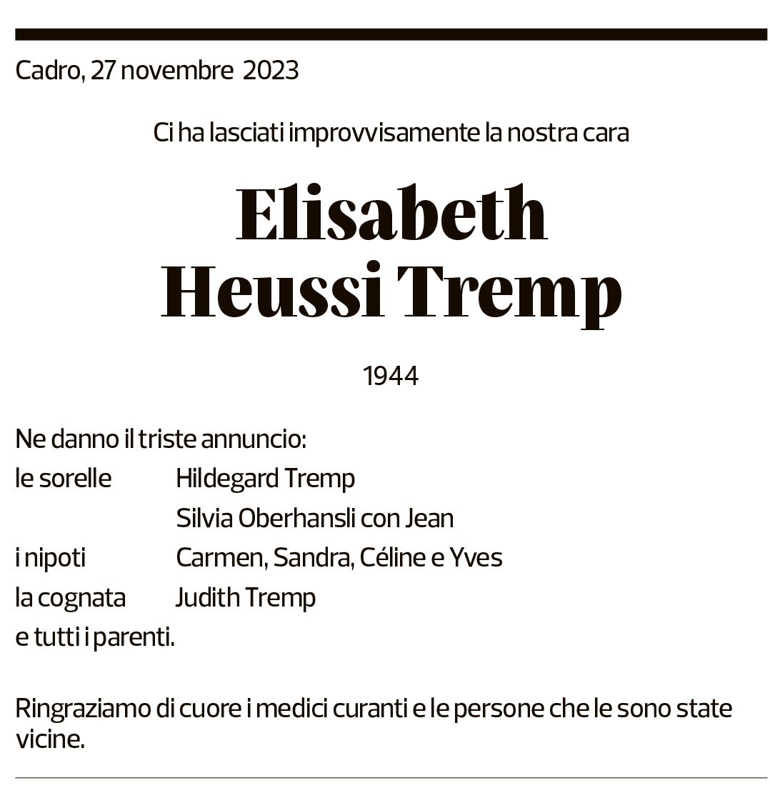 Annuncio funebre Elisabeth Heussi Tremp