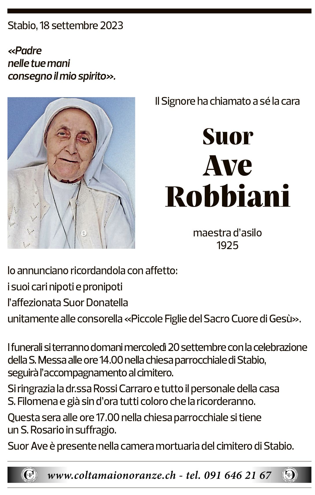 Annuncio funebre Suor Ave Robbiani