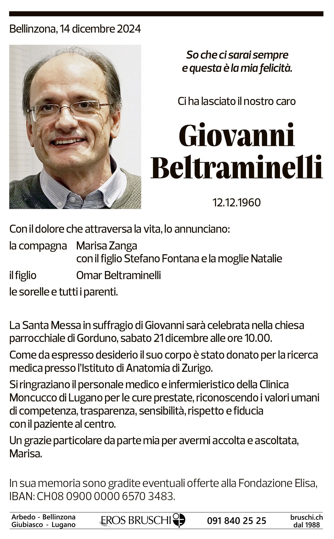 Annuncio funebre Giovanni Beltraminelli