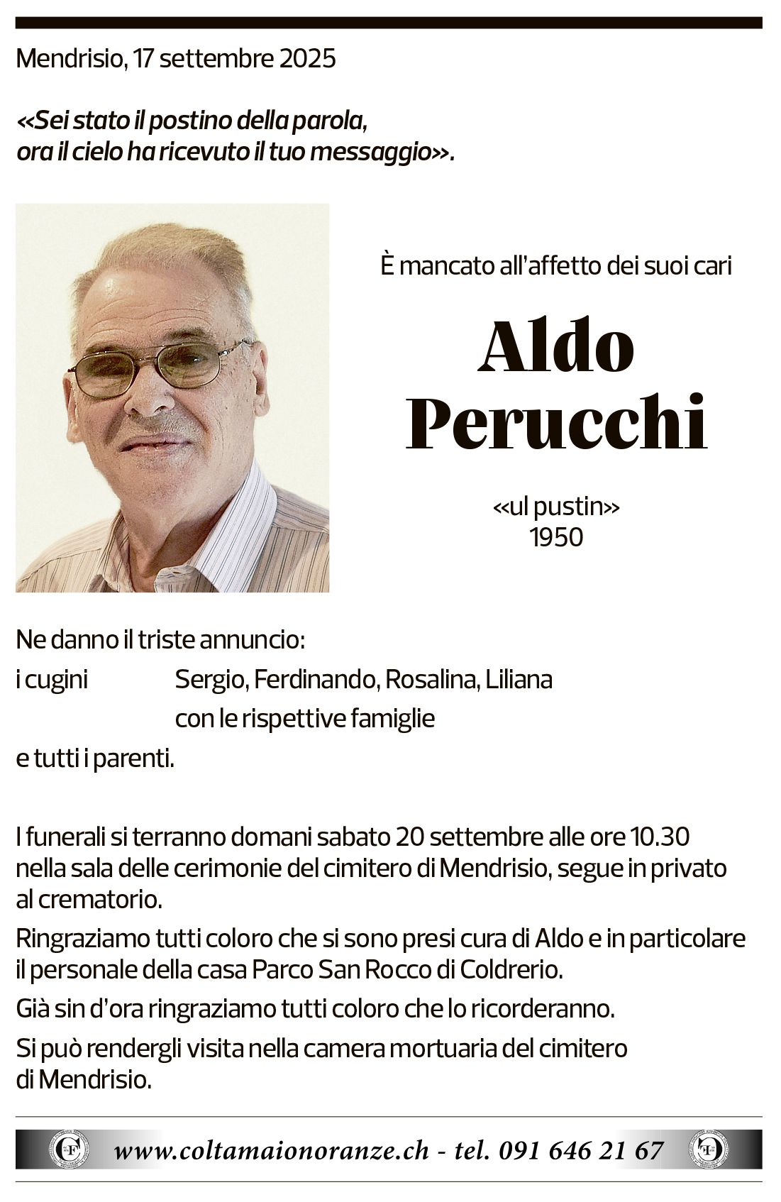 Annuncio funebre Aldo Perucchi