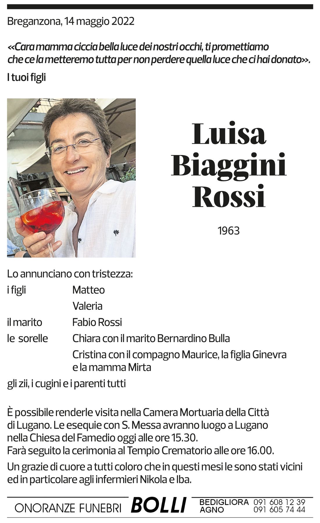 Annuncio funebre Luisa Biaggini Rossi