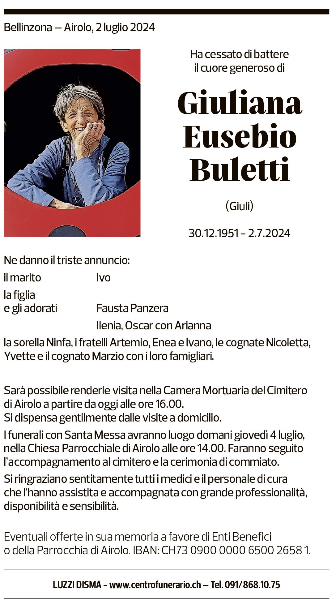 Annuncio funebre Giuliana Eusebio Buletti