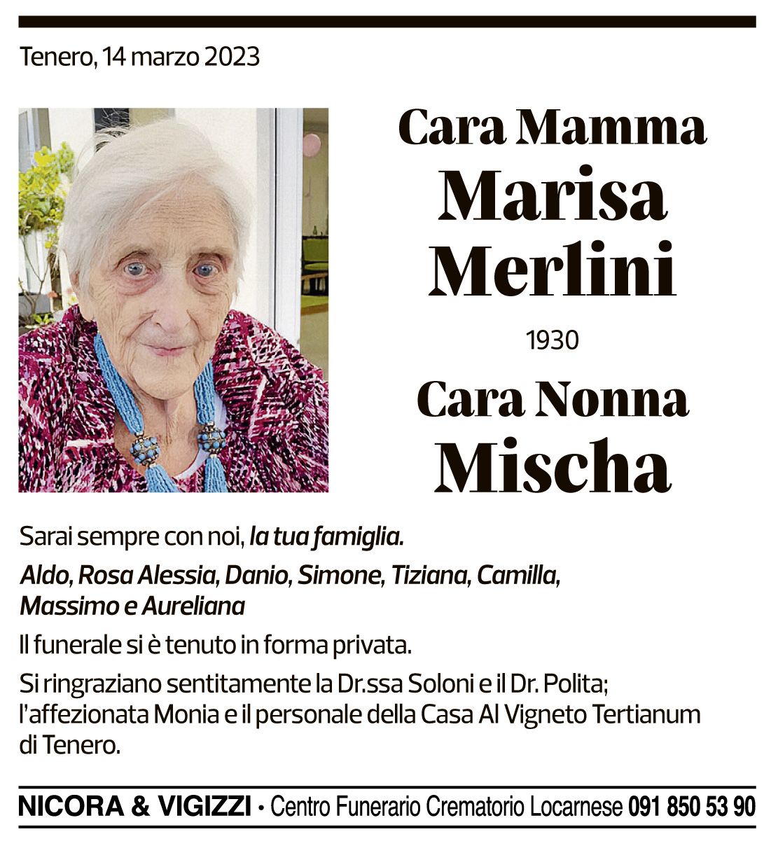 Annuncio funebre Marisa Merlini