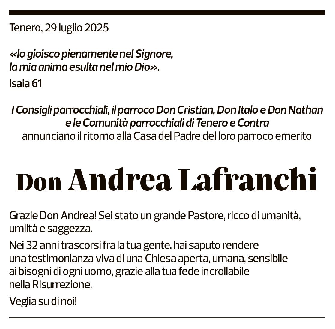 Annuncio funebre Andrea Lafranchi