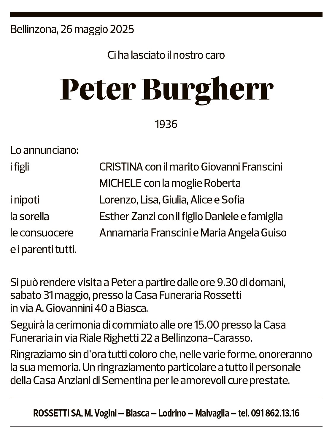Annuncio funebre Peter Burgherr