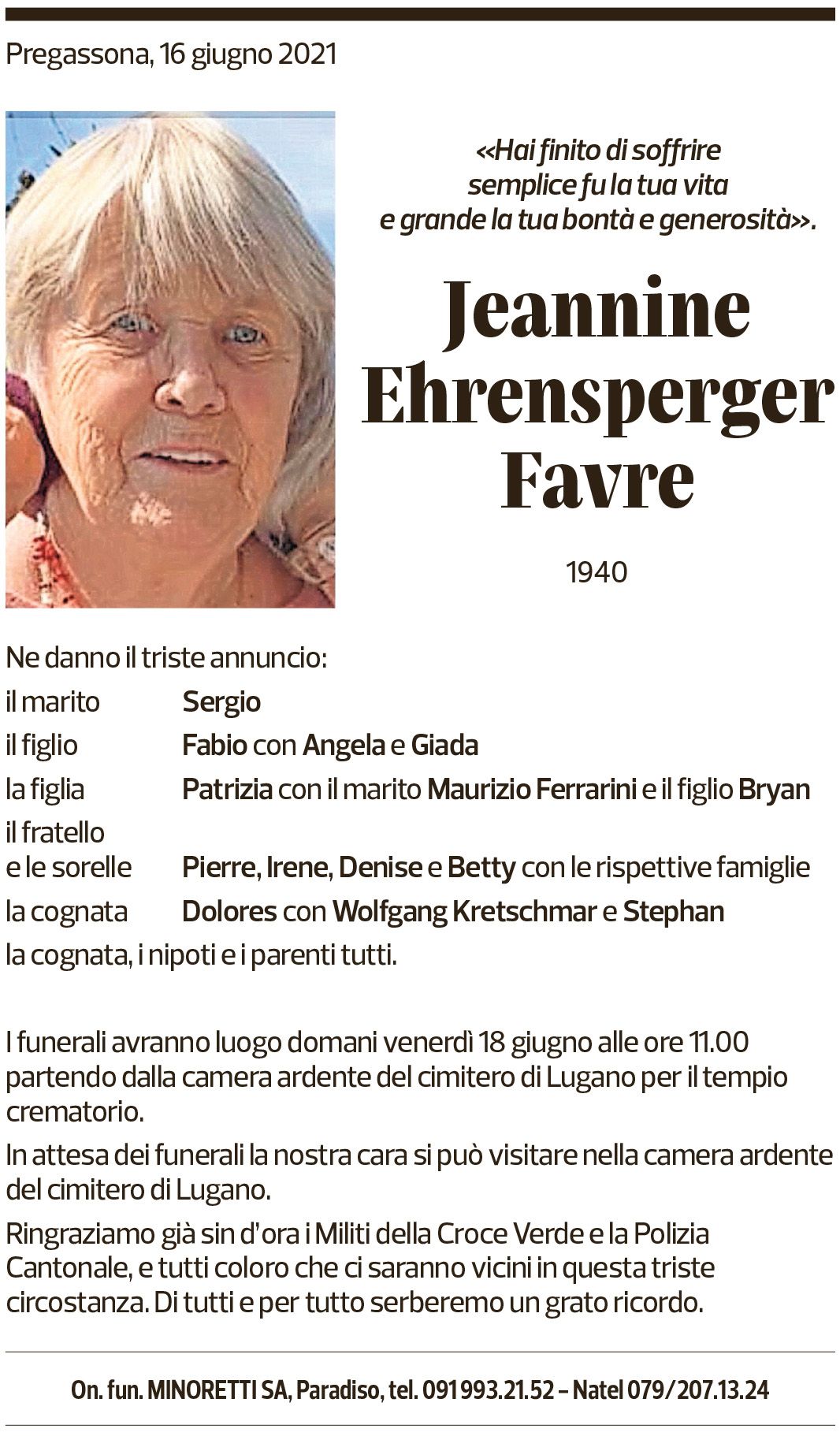 Annuncio funebre Jeannine Ehrensperger Favre