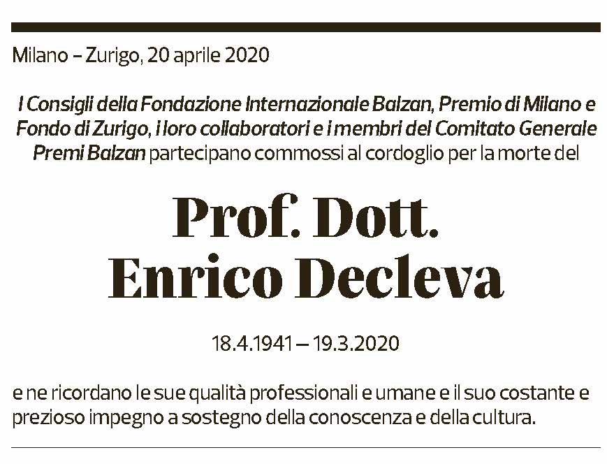 Annuncio funebre Prof Dott Enrico Decleva