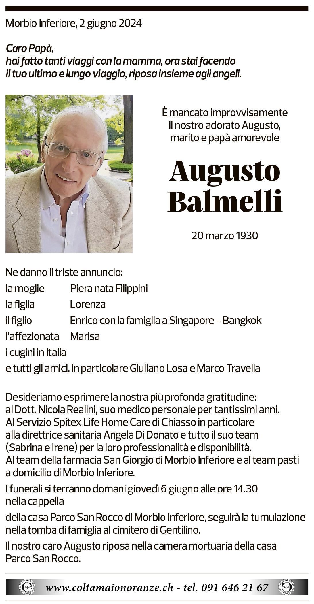 Annuncio funebre Augusto Balmelli