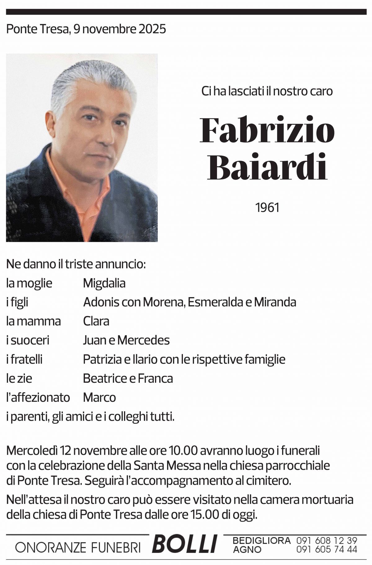 Annuncio funebre Fabrizio Baiardi