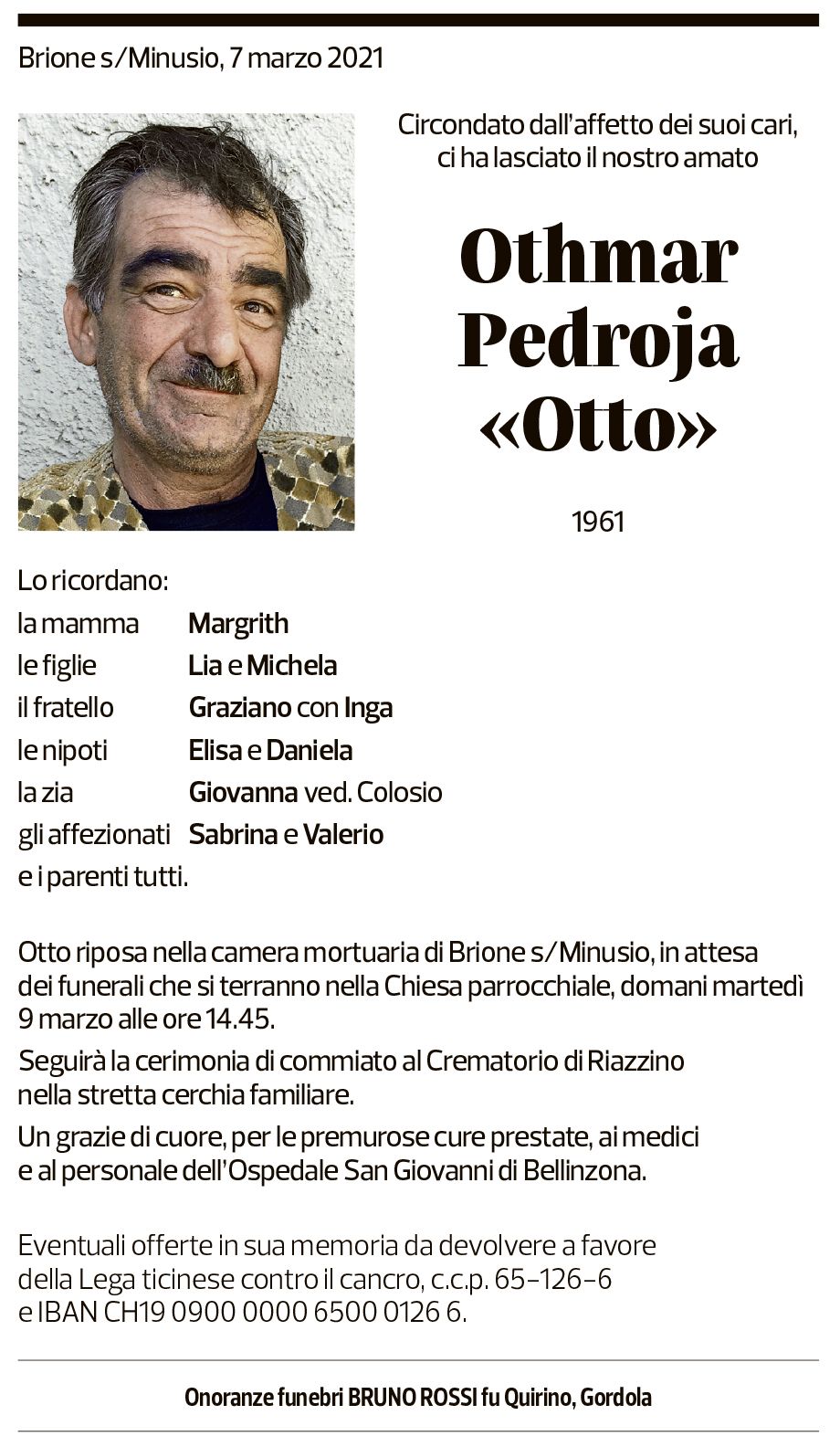 Annuncio funebre Othmar "otto" Pedroja