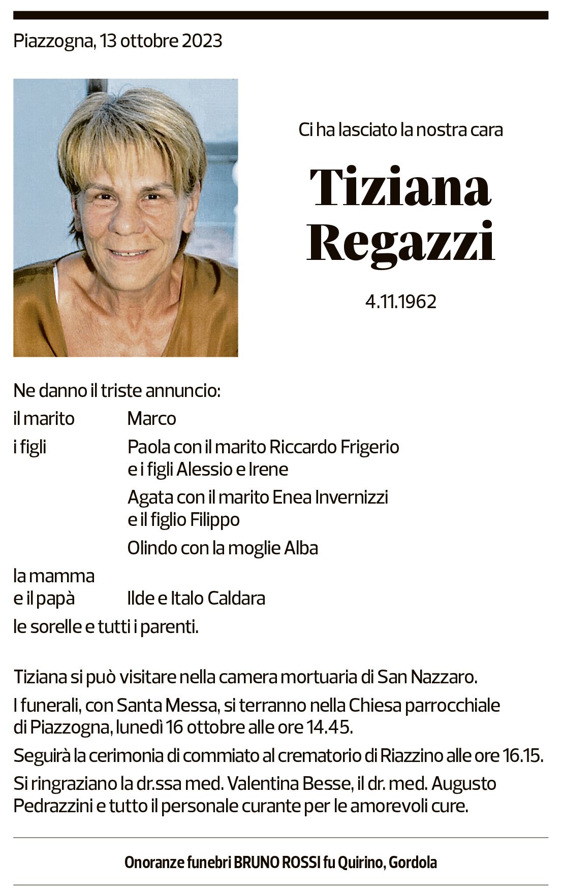 Annuncio funebre Tiziana Regazzi