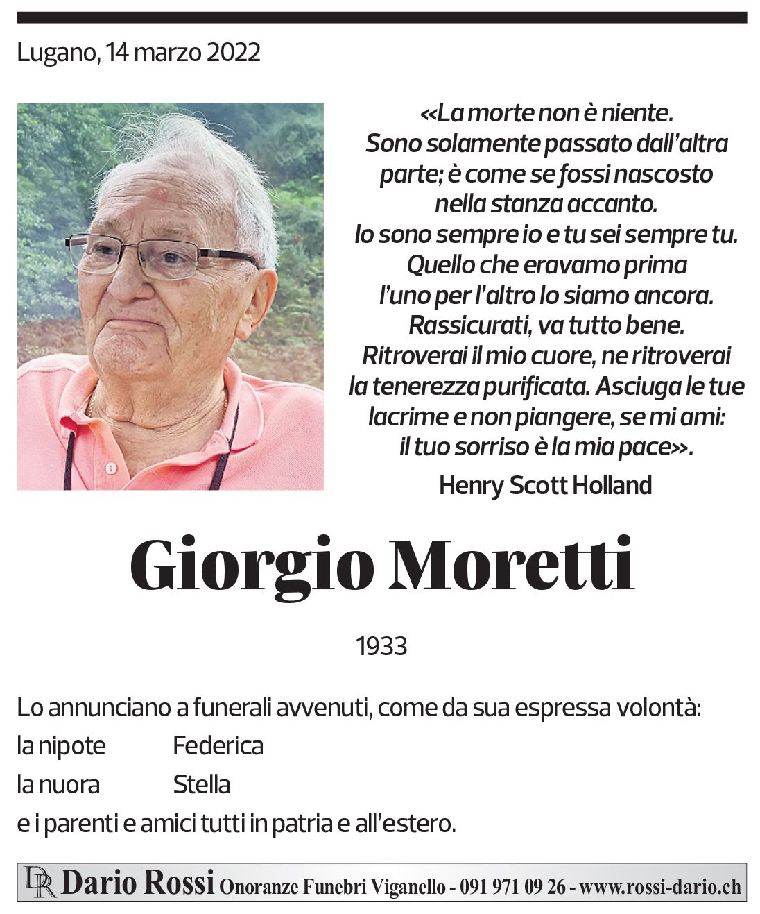 Annuncio funebre Giorgio Moretti